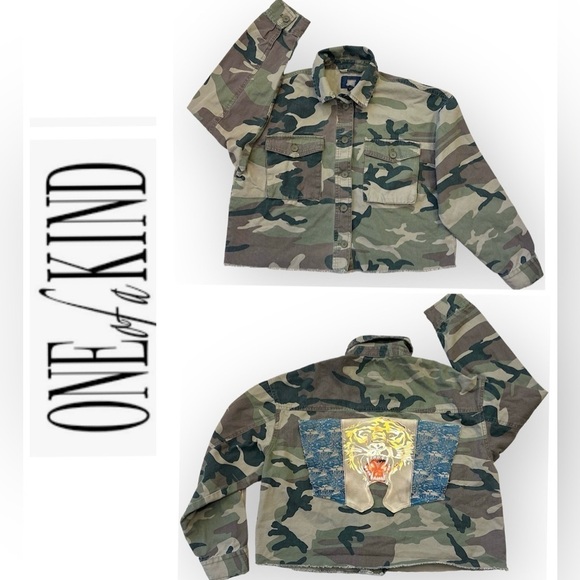 One of a kind Handmade camo print cropped jacket with released hem, Cotton,M - Picture 1 of 15
